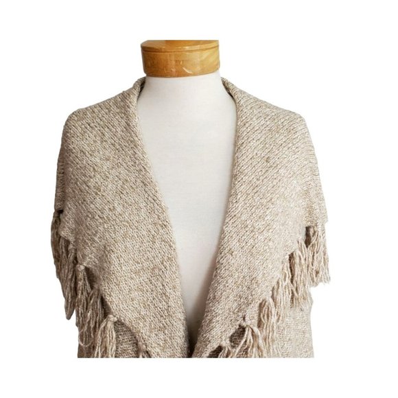 Kensie Knit Shawl Sweater Vest w/Fringe Marled Tan/Beige Boho Cozy Sz XS - Picture 2 of 10